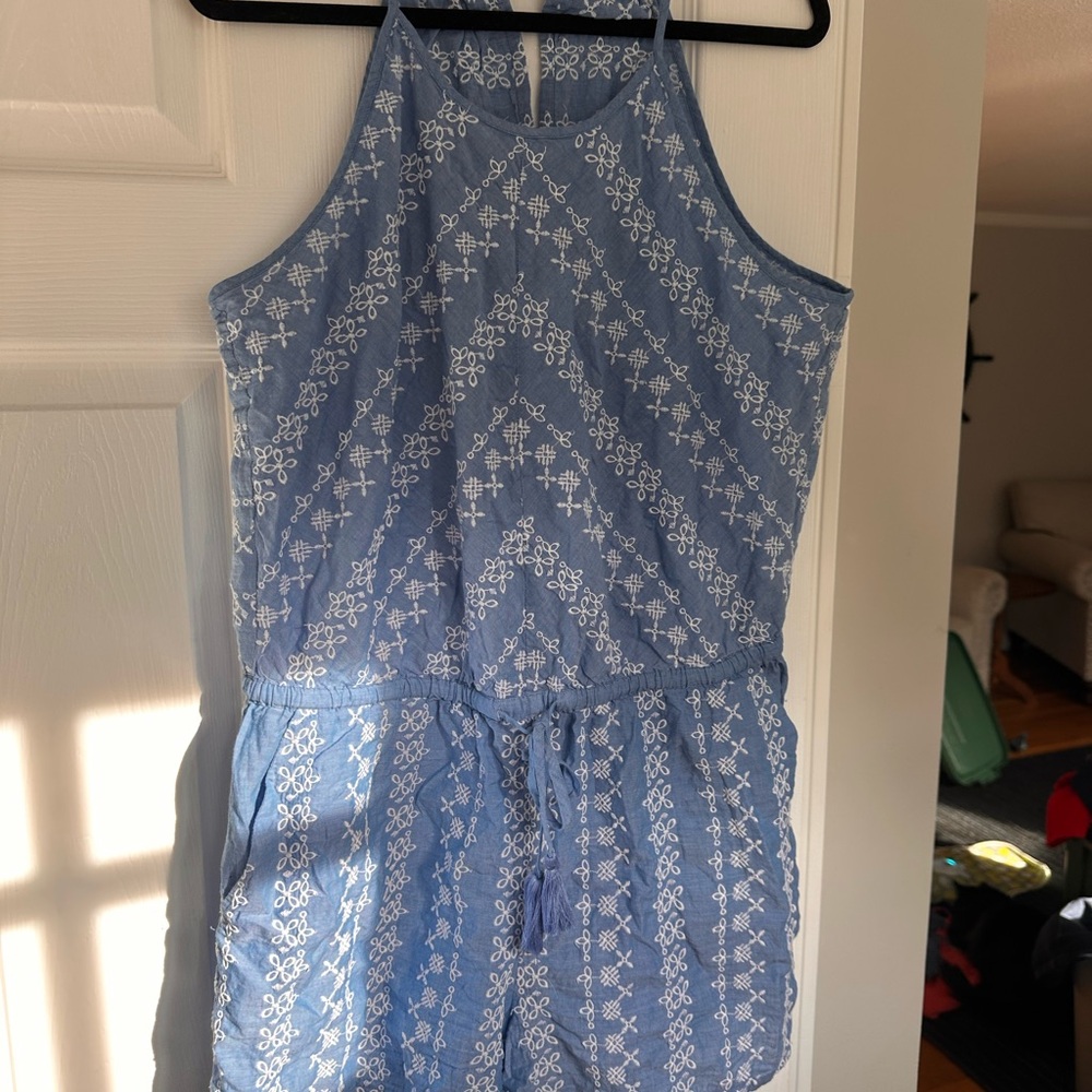 LOFT Women's Blue Romper with White Embroidery